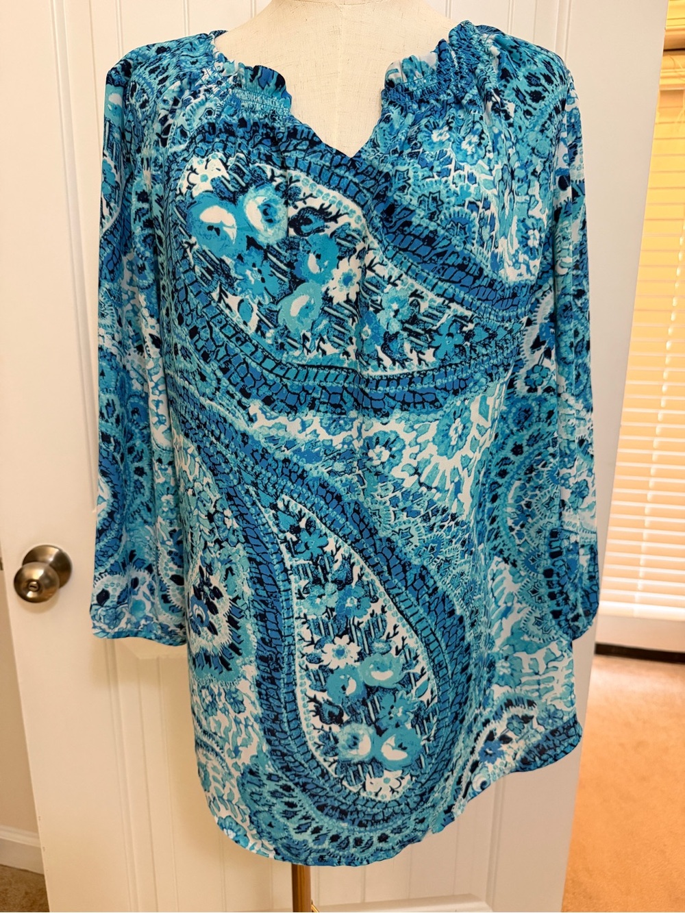Talbots Aqua Blue Floral Print Blouse Sz XL